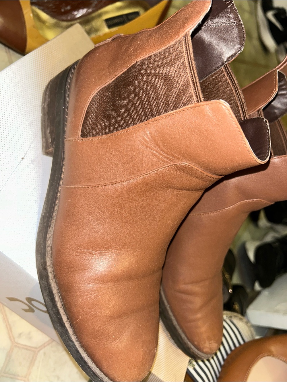 Women's Brown Leather Ankle Booties with Elastic Side Panels